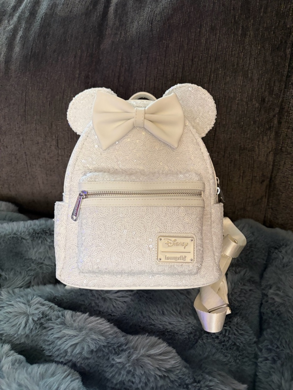 Disney x Loungefly White Sequin Minnie Ear Backpack with Bow